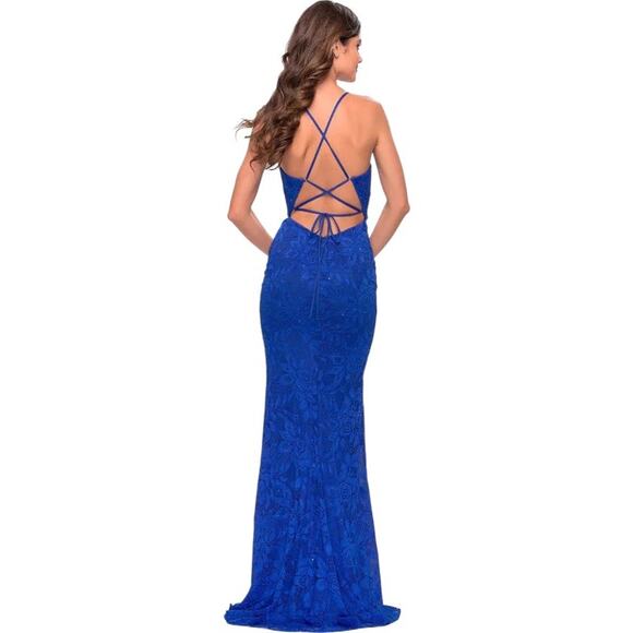 La Femme Womens Size 0 Trumpet Evening Gown Dress Blue Lace Train Cross Straps - Picture 5 of 9